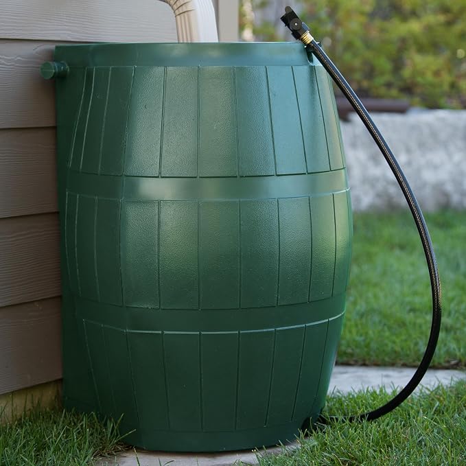 FCMP Outdoor Raincatcher, Flat-Back Rain Barrel with Spigots, 50 Gallon, Green