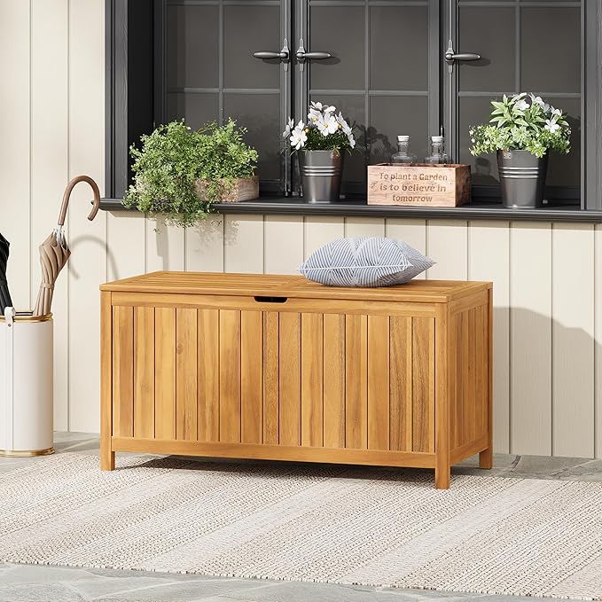 Christopher Knight Home Wood Cabinet Box, Slat Panel Storage Cabinet, Storage Organzier with Easy Open Lid Hinges, Easy Assembly, Outdoor Patio 100 Gallon Acacia Wood Deck Storage Box, Teak