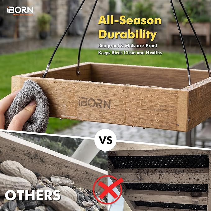 iBorn Platform Bird Feeder Tray, Chew Proof Bird Feeders for Outdoors Hanging, Flat Birdfeeder Tray with Large Capacity 3LBS, WPC Recycled Plastic & Cedar Look, Waterproof, 10.5"x10.5", Raw