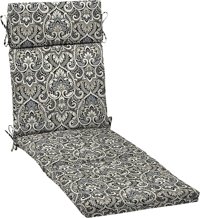Arden Outdoor Chaise Cushion, 21 in x 72 in, Weather-Proof, Rain-Proof, Fade Resistant Patio Cushion for Chaise Lounger Black Aurora Damask