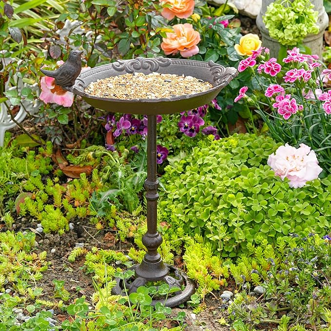 Sungmor Vintage Cast Iron Birdbath for Outside,15.6" Tall Bird Feeder with Adorable Bird Statue,Freestanding Oval Water Bowl,Distressed Brown Finish