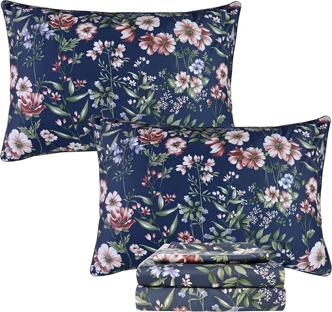 FADFAY Sheets Set Full Vintage Dark Blue Floral Bedding Shabby Peony Floral Sheets Navy French Country Farmhouse Bedding 800 Thread Count 100% Egyptian Cotton Deep Pocket Fitted Sheet 4Pcs, Full Size