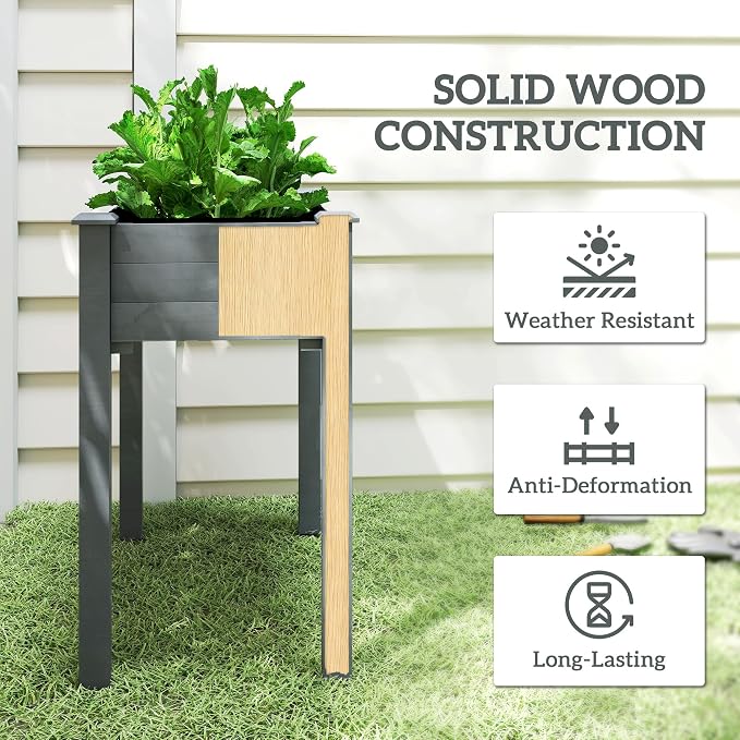 Outsunny Raised Garden Bed with Legs, 34" x 18" x 30", Elevated Wooden Planter Box, Self-Draining with Bed Liner for Vegetables, Herbs, and Flowers Backyard, Patio, Balcony Use, Dark Gray