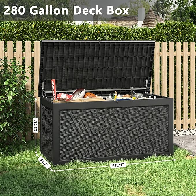 KAMABOKO 280 Gallon Outdoor Storage Box, Resin Deck Boxes Indoor and outdoor, Waterproof Storage Box Lockable Lid for Garden Tools, Package Delivery, Patio Cushions, Black