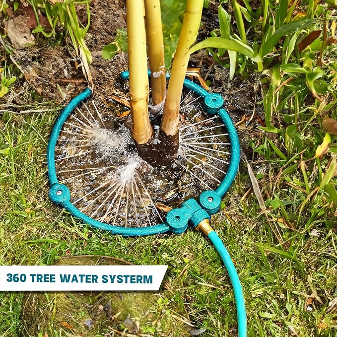 4 Pcs 360° Tree Water System Tree Root Watering Ring 20 Inch Circle Sprinkler Irrigation Slow Release Targeted Water with Y Hose Splitter for New Tree Outdoor Plants Raised Garden Beds (Green, Large)