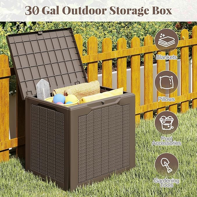Tangkula 30 Gallon Outdoor Storage Box, Resin Outdoor Storage Bench with Lockable Lid, Waterproof Deck Box for Garden Tools, Pool Accessories, Cushions