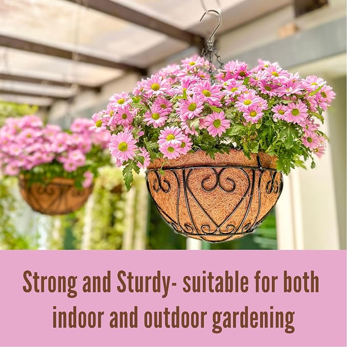 LaLaGreen Bundle- 4-Pack, 12 Inch Metal Basket with Coco Liner + 2-Pack, 12 Inch Hanging Basket with Coco Liner Flower Plant Holder Hanger Fence Rail Deck Patio Semi Round Balcony Garden Decor Outdoor