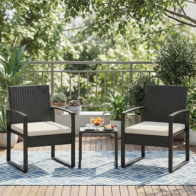 Garvee 3 Pieces Patio Bistro Set, PE Rattan Patio Conversation Set with Tempered Glass Coffee Table, Outdoor Wicker Furniture for Patio Garden Balcony Backyard, Black and Beige