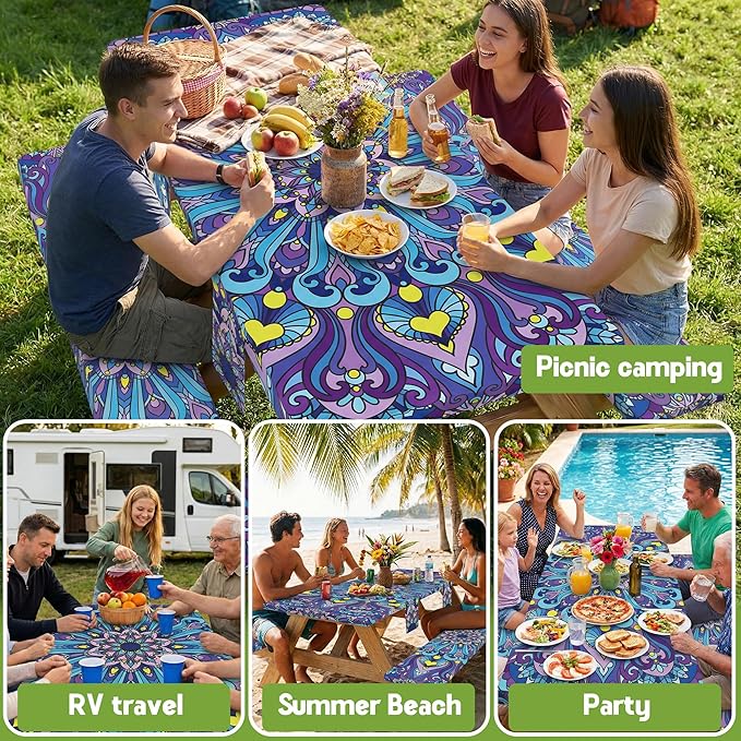 Picnic Table Cover with Bench Covers Vinyl Table Cloth Camping Lovers Essentials Camper Rv Car Travel Accessories Accessory Overlanding Must Haves Outdoor Gadgets Road Trip Tools Gear Stuff Equipment