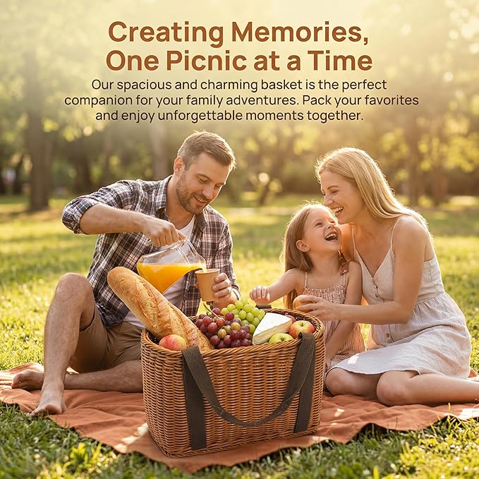 Wicker Shopping Basket with Handle, 12" x 8.5" x 6" Hand-Woven Picnic Basket, Open Top Market Harvest Basket for Food Storage, Kitchen Organization, Home Decor, Camping, Easter Eggs, Gifts