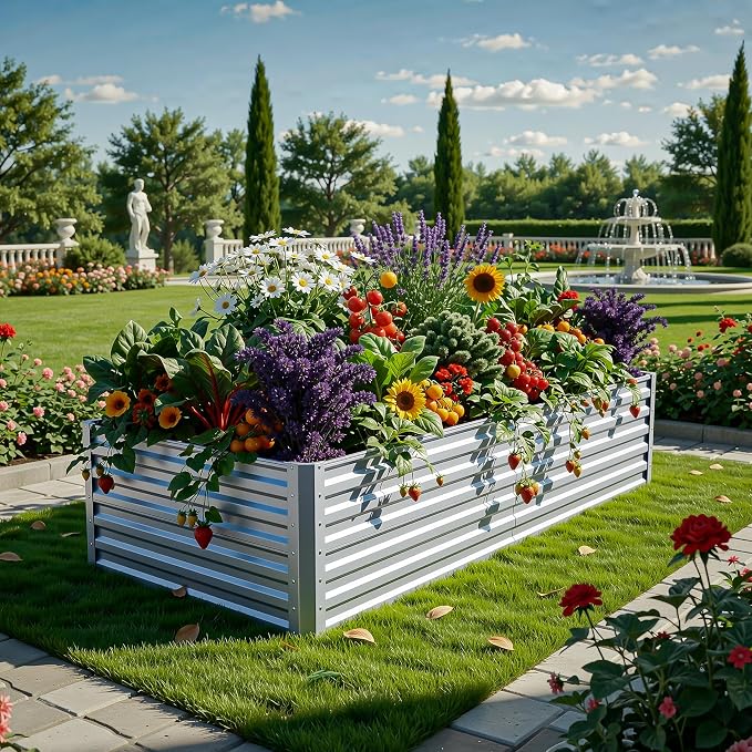 YITAHOME 6x3x2ft Large Raised Garden Bed Kit, Galvanized Metal Planter Box with Gloves, Support Rod, Outdoor Above Ground Planters for Plants, Vegetables, Flowers, Silver Gray