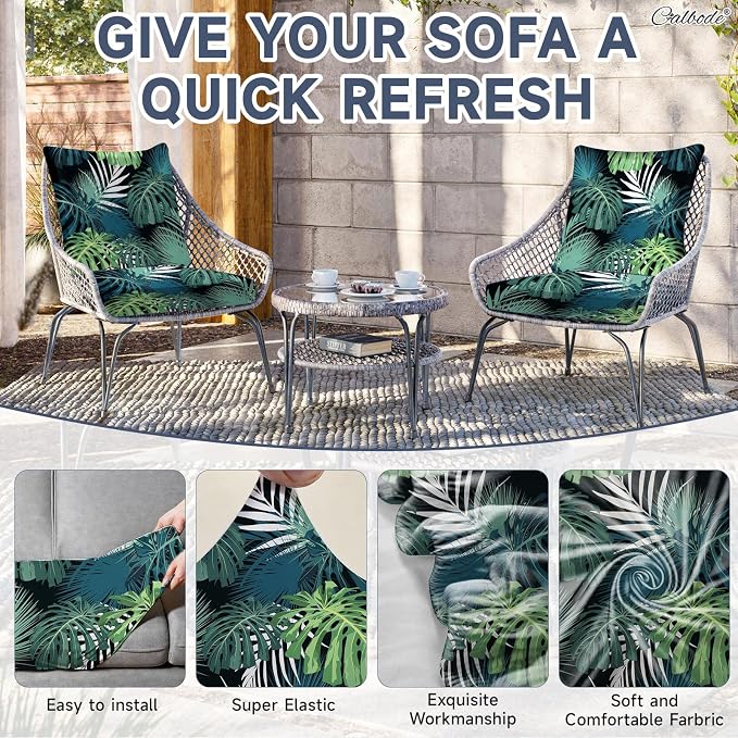CALBODE 8 Pcs Stretch Outdoor Seat Cushion Covers, Washable Chair Seat Cover for Patio Furniture Cushions Soft Indoor and Outdoor Couch Cover Replacement (Greenery, Cover Only)