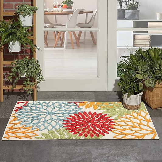 Nourison Home Aloha Indoor/Outdoor Green 3' x 5' Area Rug, Tropical, Botanical, Easy Cleaning, Non Shedding, Bed Room, Living Room, Dining Room, Deck, Backyard, Patio (3x5)