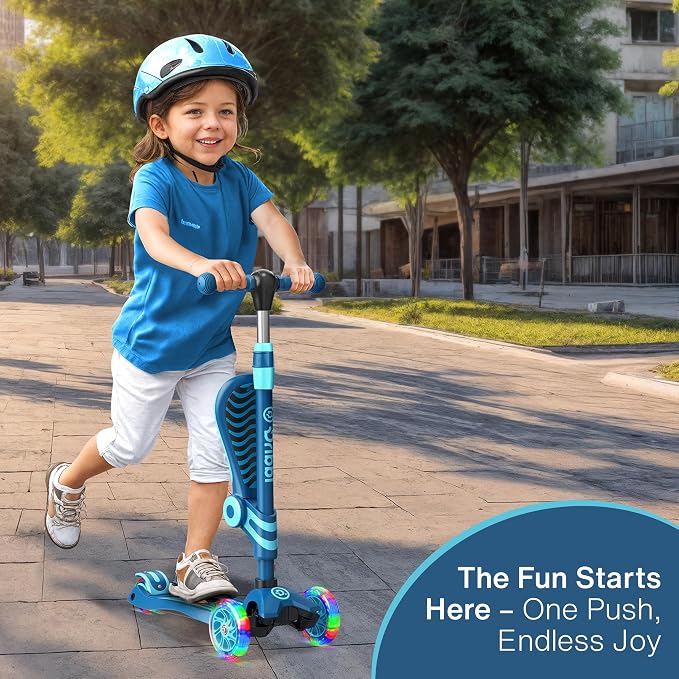 Blue 3 Wheel Scooter with Seat for Kids, Light-Up Wheels, Adjustable Lean to Steer Handlebar and Seat, Smooth Wheels, Wide No-Slip Deck, Rear Foot Brake, Toddler Outdoor Toys for Ages 2+