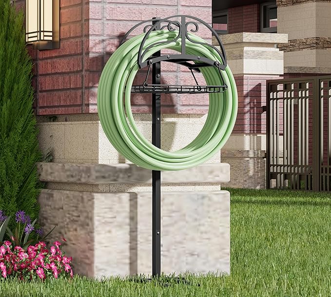 Freestanding Garden Hose Organizer with Storage Basket - Heavy-Duty Black Powder-Coated Hose Stand, Detachable Design Holds 150FT Hose, Includes Wrench & Screwdriver for Easy Assembly
