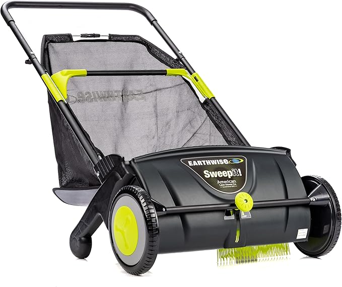 Earthwise 21" Width Leaf & Grass Push Lawn Sweeper and American 14" 4-Blade Push Reel Lawn Mower Bundle