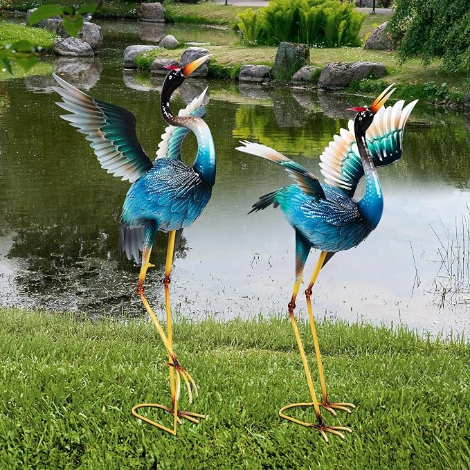 Garden Statues Large Metal Crane Sculptures, Outdoor Heron Metal Statue Yard Art for Garden Decor, Realistic Bird Art for Outdoor Decor, Standing Lifelike, Water&Rust-Proof, Set of 2 Sky Blue