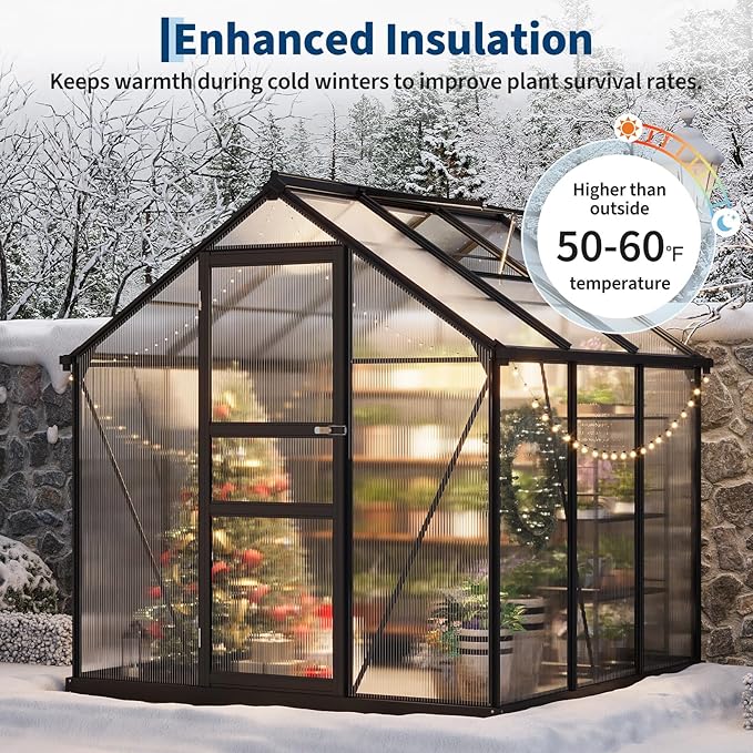 Garvee 6x6 FT Outdoor Greenhouse - Walk-in Aluminum Frame with Lockable Hinged Door, Adjustable Roof Vent, Rain Gutter - Ideal for Backyard, Patio, Lawn, Garden - Hinged Door