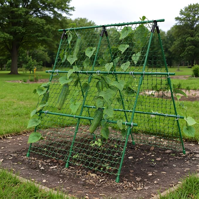 Garvee Outdoor Plant Support Trellis, 4 ft x 4 ft Metal A-Frame with Netting for Tomatoes Cucumbers Peas Beans Grapes, Climbing Vegetable Garden Trellis for Raised Beds, Green