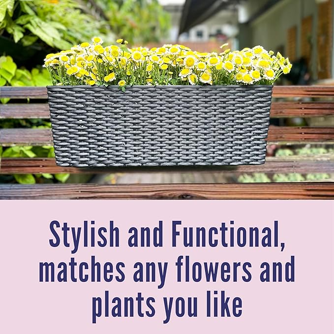 LaLaGreen Deck Railing Planter Box (20 Inch, 4 Pack) Black Rectangular Window Flower Boxes with Bracket, Self Watering System Hanging Planter Box for Outdoor Plant Container Herb Rail Fence Balcony