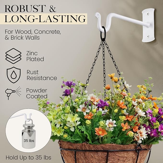 RTZEN Plant Hangers Outdoor or Indoor - Wrought Iron Metal Hanger Indoor Hook - Heavy Duty Wall Bracket Hooks for Hanging Plants Baskets Lanterns Bird Feeders - 2 Pack (White Shepherds Hooks 7.5")