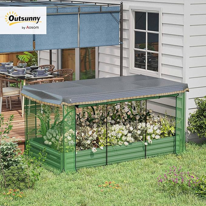 Outsunny 7.3 x 3.4 x 1 ft Galvanized Raised Garden Bed with Crop Cage Plant Protection Net and Shade Cloth Roof, Metal Planter Box with Cover for Vegetables, Flowers, Herbs, Green