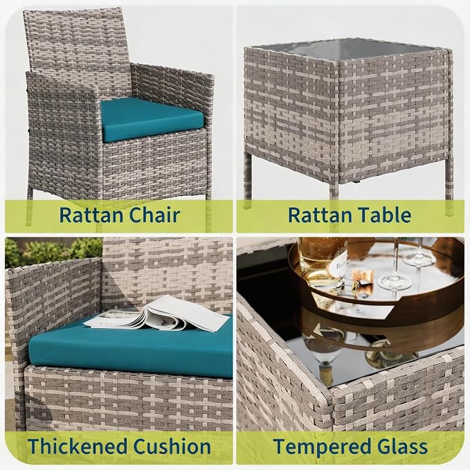3-Piece Outdoor Furniture Set, PE Rattan Wicker Chairs with Soft Cushions & Tempered Glass Coffee Table - All-Weather Patio Set for Garden, Backyard, Porch, Poolside (Grey/Peacock Blue)