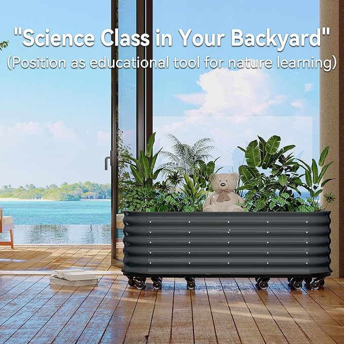 GarveeHome Self-Watering Wheeled Metal Garden Bed – Mobile Raised Planter Box with Water, Galvanized Steel Indoor/Outdoor Rolling Grow Station for Herbs, Veggies & Decor （94.5 in x23.6 in x19.7,Gray