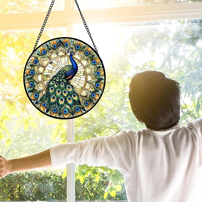 DASTOLL Stained Glass Window Hanging - Retro Peacock Decoration Suncatcher for Door Garden Home Bird Feather Sun Catchers Christmas Mother's Day Birthday Gifts for Women Men Mom Nana Friend 7.8 in