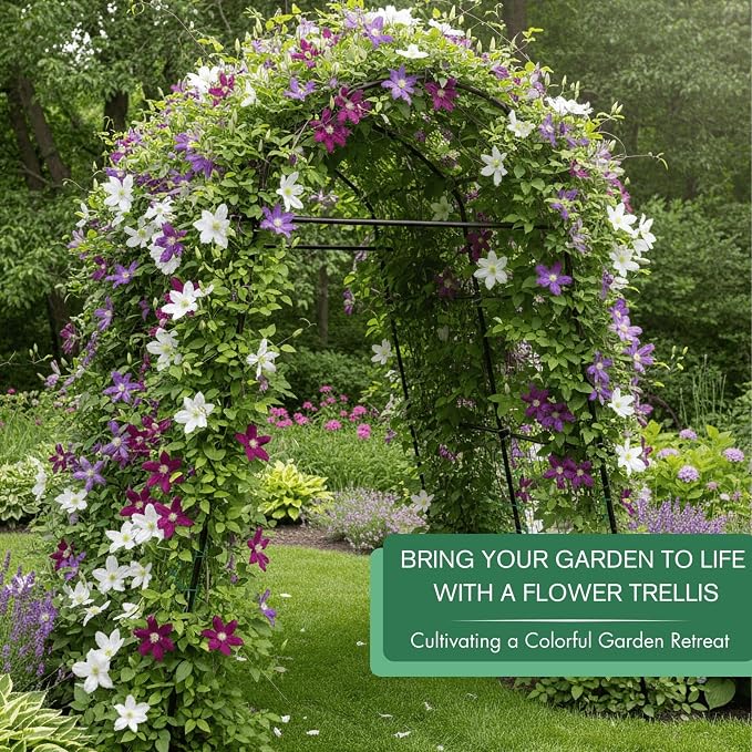 7ft Garden Arch Trellis for Climbing Plants Outdoor-Heavy Duty Metal Cucumber Trellis for Raised Beds- Tall Steel Vegetable Arbor with Strong Bolt Assembly & Outdoor-Ready Stakes
