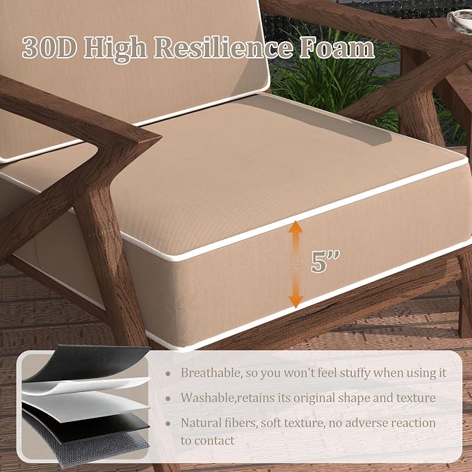 5" Thicker Outdoor Chair Cushions 2 Sets 24" *24" Waterproof Patio Chair Cushions for Outdoor Furniture w/Removable Cover 30D High Density Sponge Filling Thicken Patio Furniture Cushion w/Handle &Ties