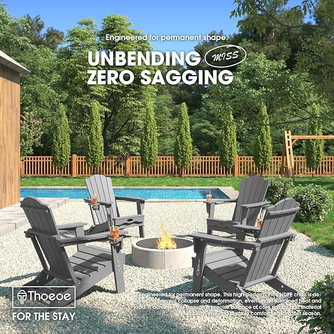 THOEOE Folding Adirondack Chair Set of 2,HDPE All-Weather Outdoor Chair with Cup Holder,Wooden Textured,Fire Pit Chair,Plastic Patio Chair for Deck,Backyard,Garden,Lawn, Grey