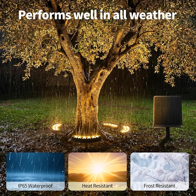 Solar Ring Tree Lights Outdoor, 3000K Solar Aluminum Palm Tree Uplights, 48 LEDs & 4000mAh Battery, IP65 Waterproof, Upgraded Landscape Spotlights with USB Port for Garden, Yard (Warm White)