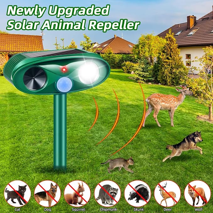 2026 Solar Ultrasonic Animal Repeller Outdoor,Deer Repellent Devices Waterproof with Flashing Light & USB Charging,Motion Activated Deterrent for Stray Cats,Dogs,Squirrels,Rabbits,Racoons for Garden