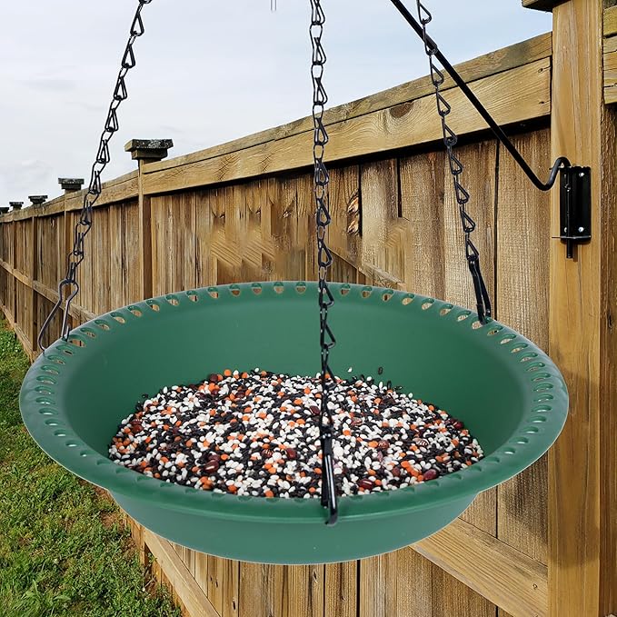 Hanging Bird Feeder Tray with Drainage Holes for Outside, Rugged Recycled Plastic Wild Bird Feeding Station (10 inch, Green)