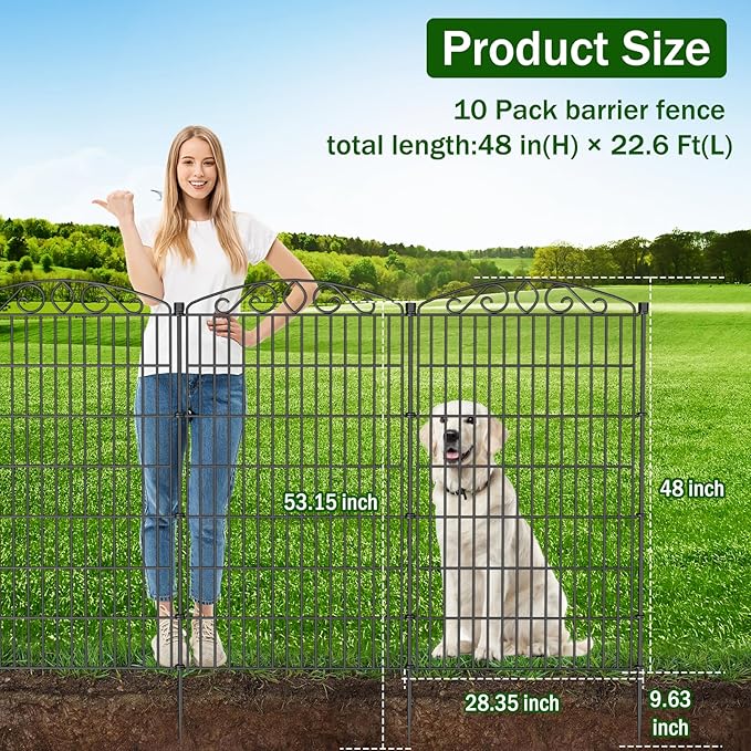 10 Panel No Dig Decorative Garden Fence with Gate - 48in H x 22.6 ft L,Dog Fence Outdoor for Yard,Tall Animal Barrier for Dogs Rabbits, Rustproof Metal Wire Panels for Yard,Patio, Flower Bed