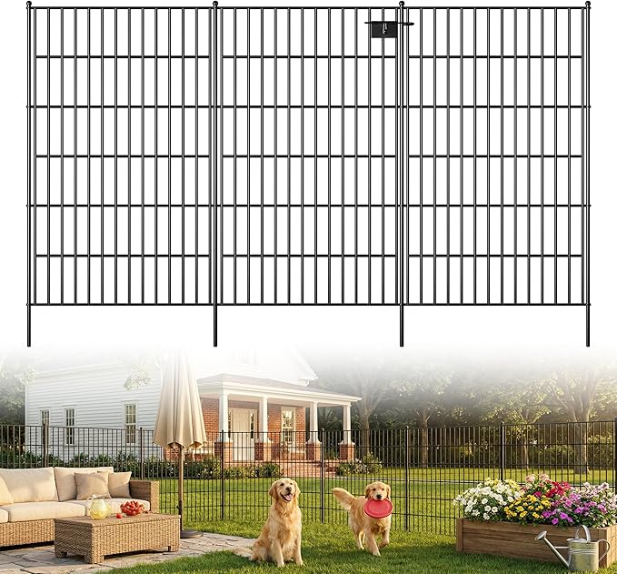Toolterritary 10 Panels No Dig Garden Fence with Gate, 48in(H) x 25ft(L) Rustproof Metal Animal Barrier Fence, Outdoor Decorative Yard Fencing with Ground Stakes for Dogs, Rabbits, Patio