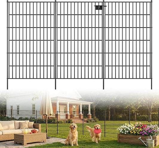 Toolterritary 10 Panels No Dig Garden Fence with Gate, 48in(H) x 25ft(L) Rustproof Metal Animal Barrier Fence, Outdoor Decorative Yard Fencing with Ground Stakes for Dogs, Rabbits, Patio