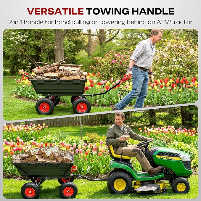 1200lbs Garden Dump Cart,7 Cu.Ft Utility Wagon Cart with Hitch,Heavy Duty Yard Dump Wagon Wheelbarrows with 13" All Terrain Wheels & 2-in-1 Handle,Tow Behind for Lawn Mower Tractor ATV