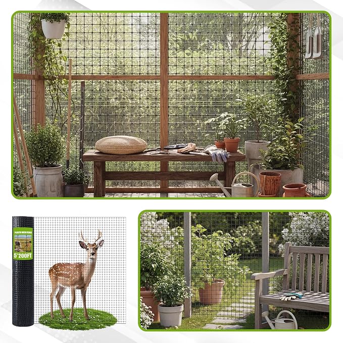 Gisafai 6x300ft (50gsm) Deer and Animal Fence Barrier Netting with 100 Zip Ties, Plastic Heavy Duty Mesh Fence Barrier, Ideal for Garden Netting, Against Bird, Fruit Plant Protection, Black