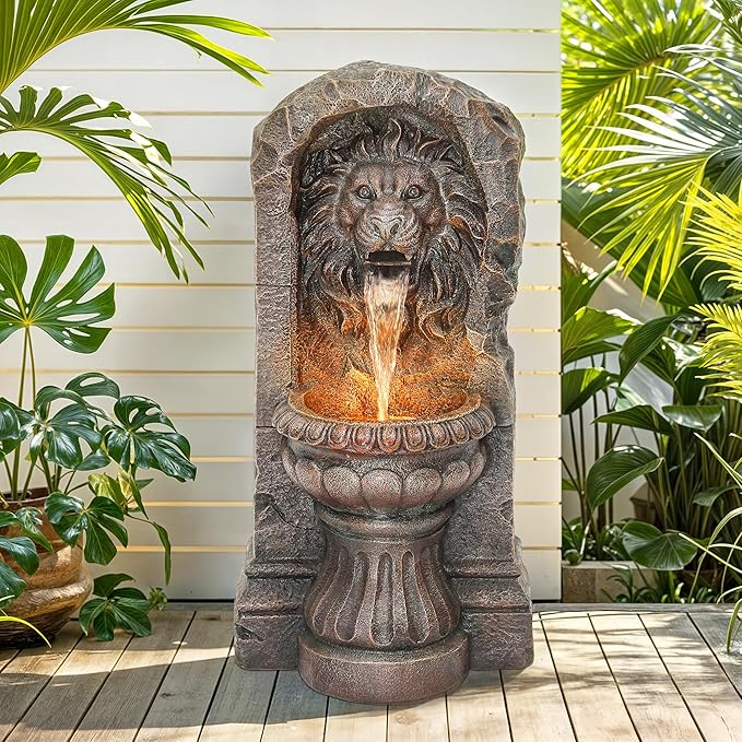 AUTODAYA 30" Majestic Lion Head Outdoor Water Fountain, Rustic Stone Pedestal Cascading Water Feature with Warm LED Lights, Tranquil Oasis for Outside Garden Patio Yard Decor