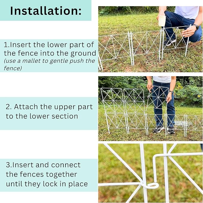 ShopLaLa Decorative Metal Garden Fence (10 Panels) 12.5in(L) x 31in(H) Animal Barrier Fencing for Dog, Rustproof White Wire Diamond Flower Bed Edging for Landscape, Lawn Yard Tall Panels Outdoor Decor