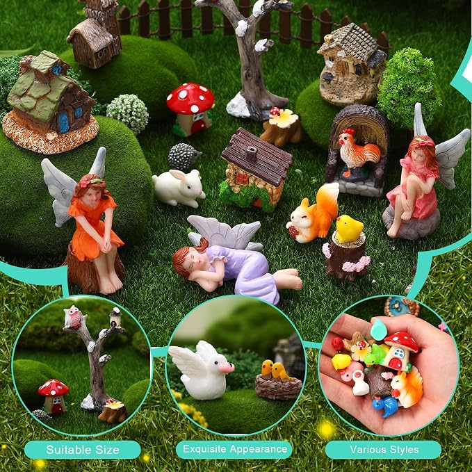 100 Pcs Fairy Garden House Resin Kit Glowing Tree House Miniature Garden Fairy Animals Garden Accessories Decor Outdoor Mini Landscape Ornaments