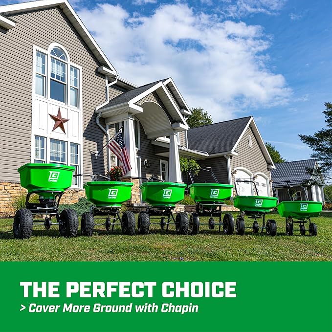 Chapin 89200A Spreader, Lawn and Garden, 80Lbs, All Season, TurfPro, Broadcast, Push, Walk Behind, 12" Tires, Weather-Proof, Poly Hopper, Pull-Bar Lever with 30 Setting Gate, Fertilizer and Seeds