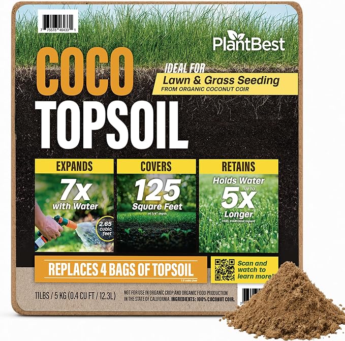 PlantBest Coco Topsoil Compressed Block 11 lb – Expands to 79.2 Quarts and Up to 125 Sq. Feet, Top Soil for Lawns, Grass Seed & Overseeding, Peat-Free Organic Coconut Coir Lawn Soil