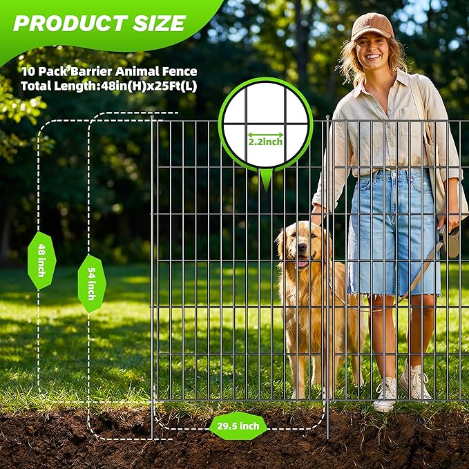 Toolterritary 10 Panels No Dig Garden Fence with Gate, 48in(H) x 25ft(L) Rustproof Metal Animal Barrier Fence, Outdoor Decorative Yard Fencing with Ground Stakes for Dogs, Rabbits, Patio