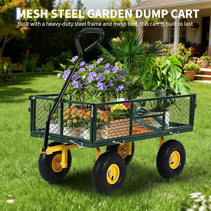 900 Lbs Heavy Duty Steel Garden Cart, Garden Wagon Cart on Wheels, Outdoor Metal Yard Utility Wagon Carts with and Mesh Removable Sides(Convert to Flatbed) and 180°Rotating Handle