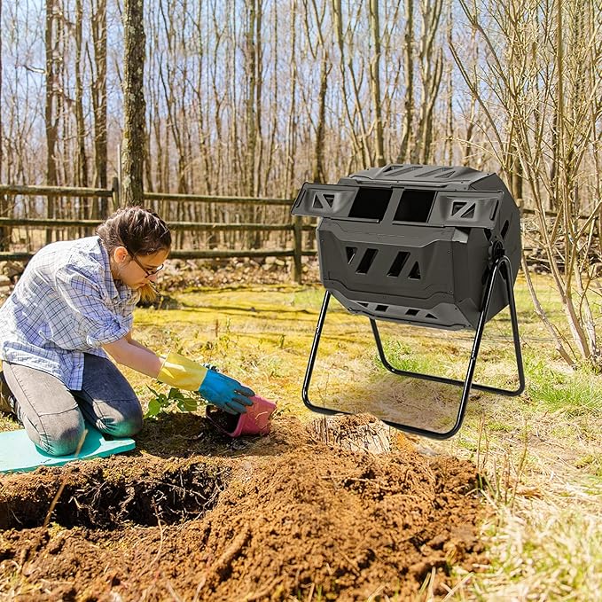 Goplus Compost Tumbler, 43 Gallon Rotating Compost Bin Barrel, Dual Chamber Tumbling Composter with Sliding Door, Gloves, Aeration System for Outdoor, Garden, Yard