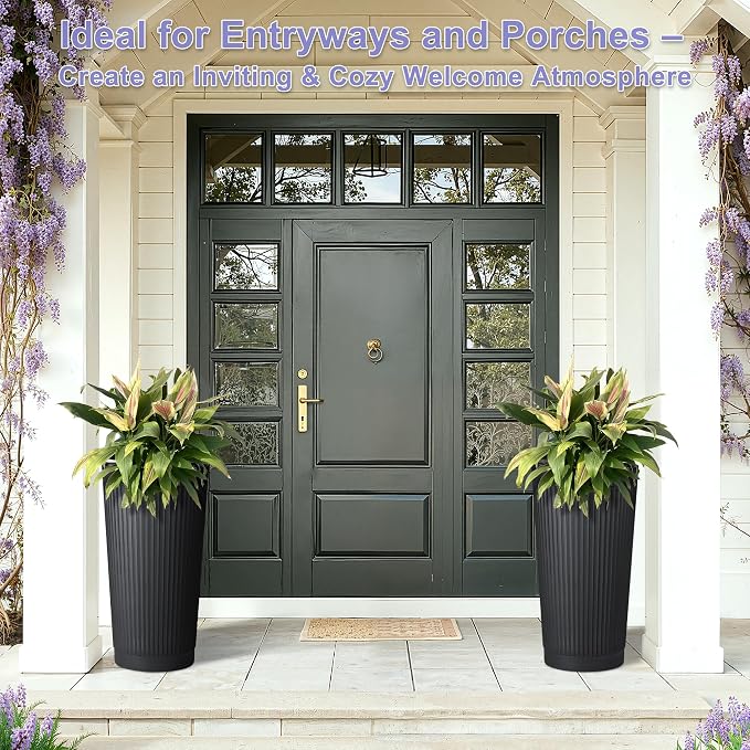 24in Tall Self-Watering Planters Set of 2, Black | Water level indicator, Self-watering irrigation system, Non-toxic PP plastic, Weather Resistant, Indoor Outdoor Use