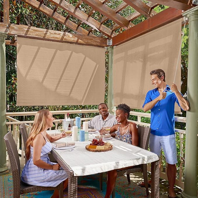 Coolaroo Outdoor Roller Shade with Wand - 90% UV Block Breathable Light Filtering Shade for Patio or Porch, Fade-Resistant, Easy-Clean Fabric, 10ft x 6ft, Southern Sunset
